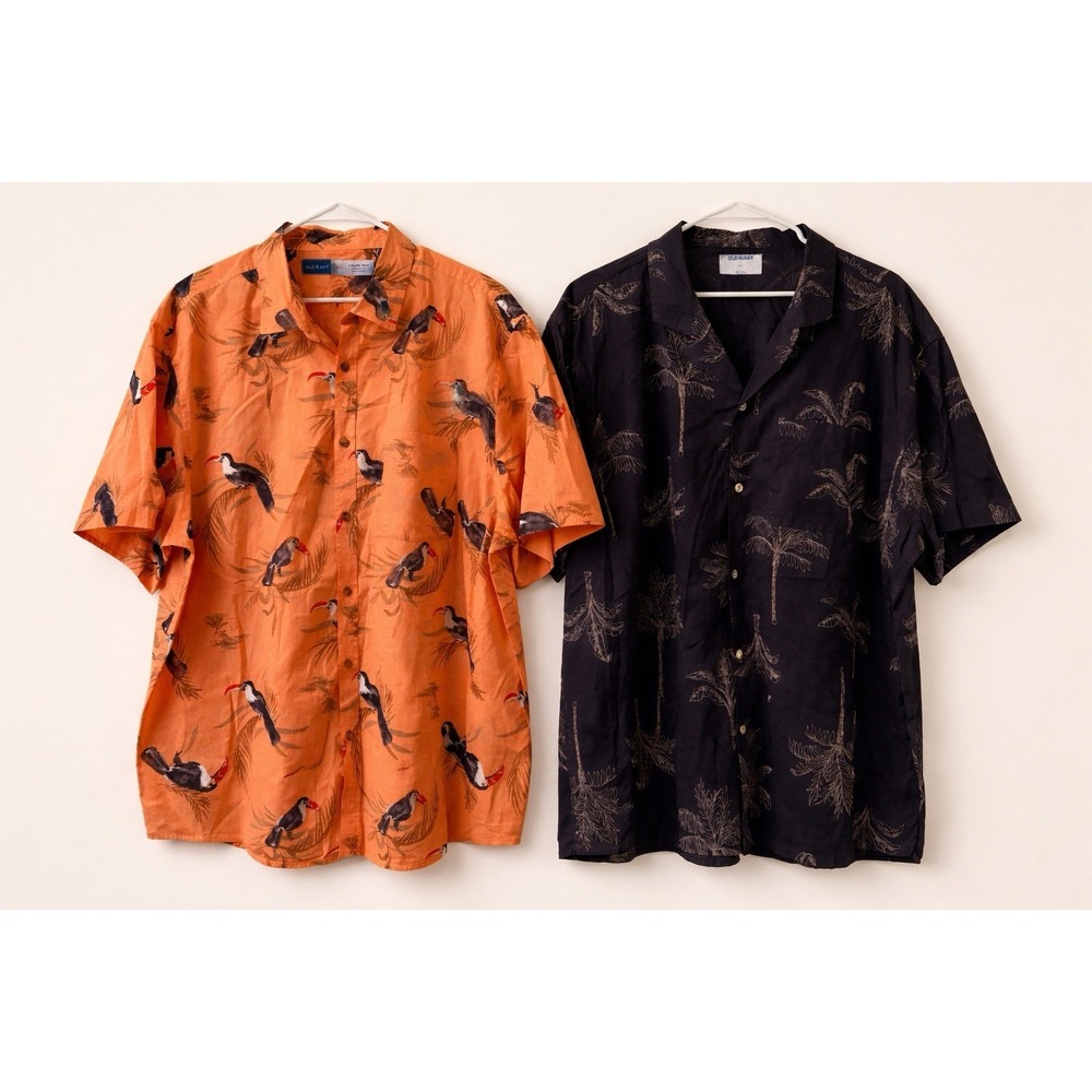 Lot of 2 Old Navy Men's XXL Tropical Shirts Toucan Palm Tree Camp Hawaiian 2XL